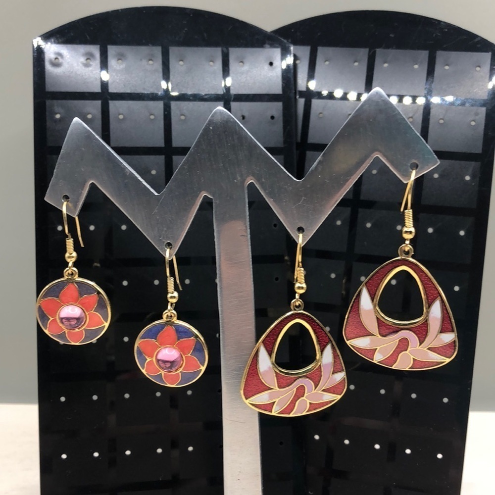 Curated vintage bundle Berebi and cloisonne dangle drop costume earrings.